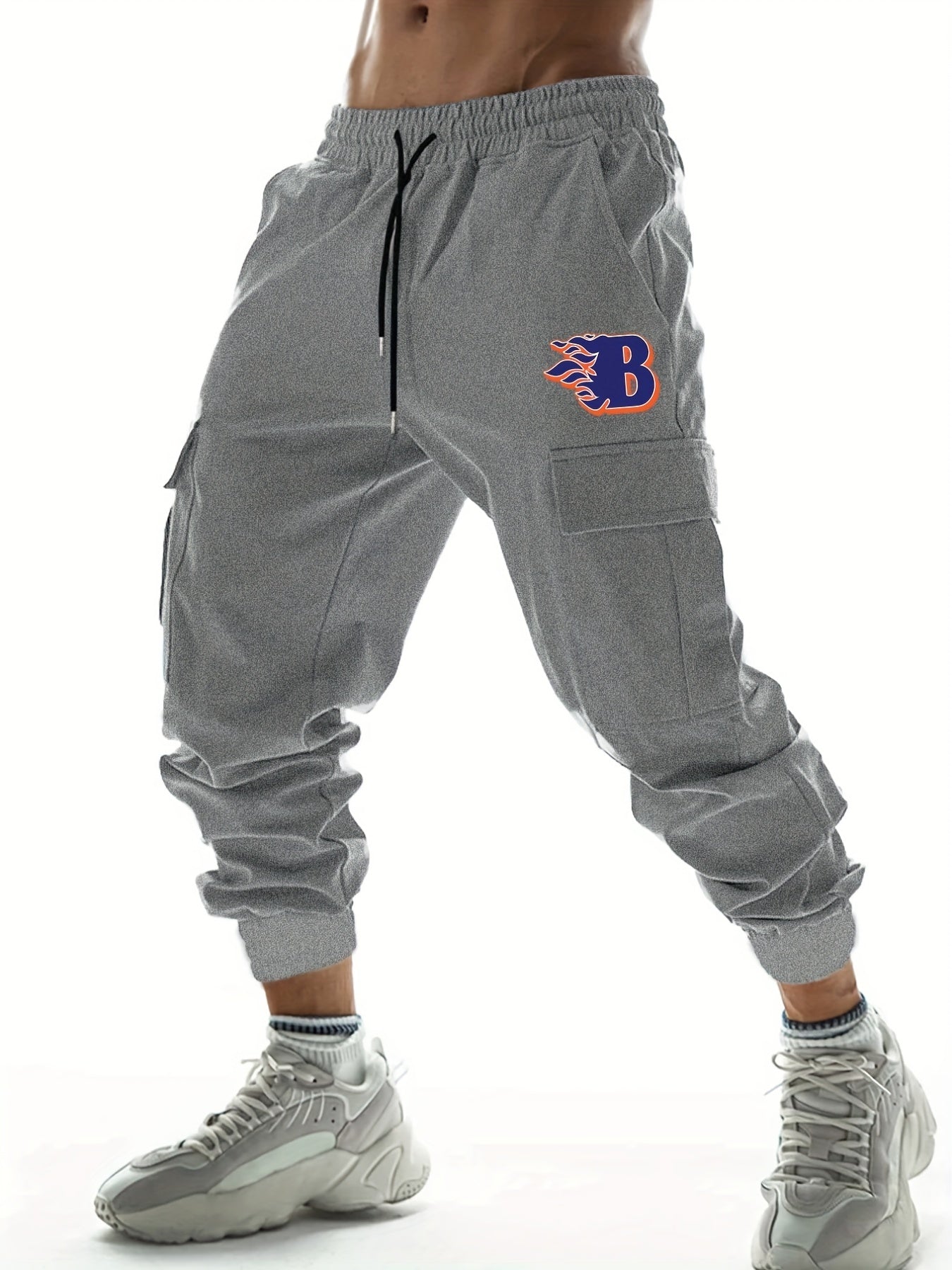 Men's B Letter Print Cargo Joggers, Spring/Fall Outdoor Pants