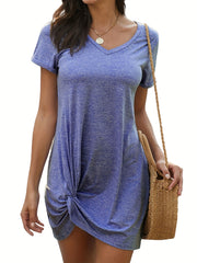 V Neck Short Sleeve Solid Dress Casual Twist Versatile Dress