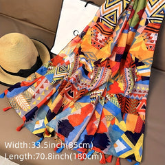 Red Boho Geometric Print Scarf Tassel Shawl Windproof Head Wrap