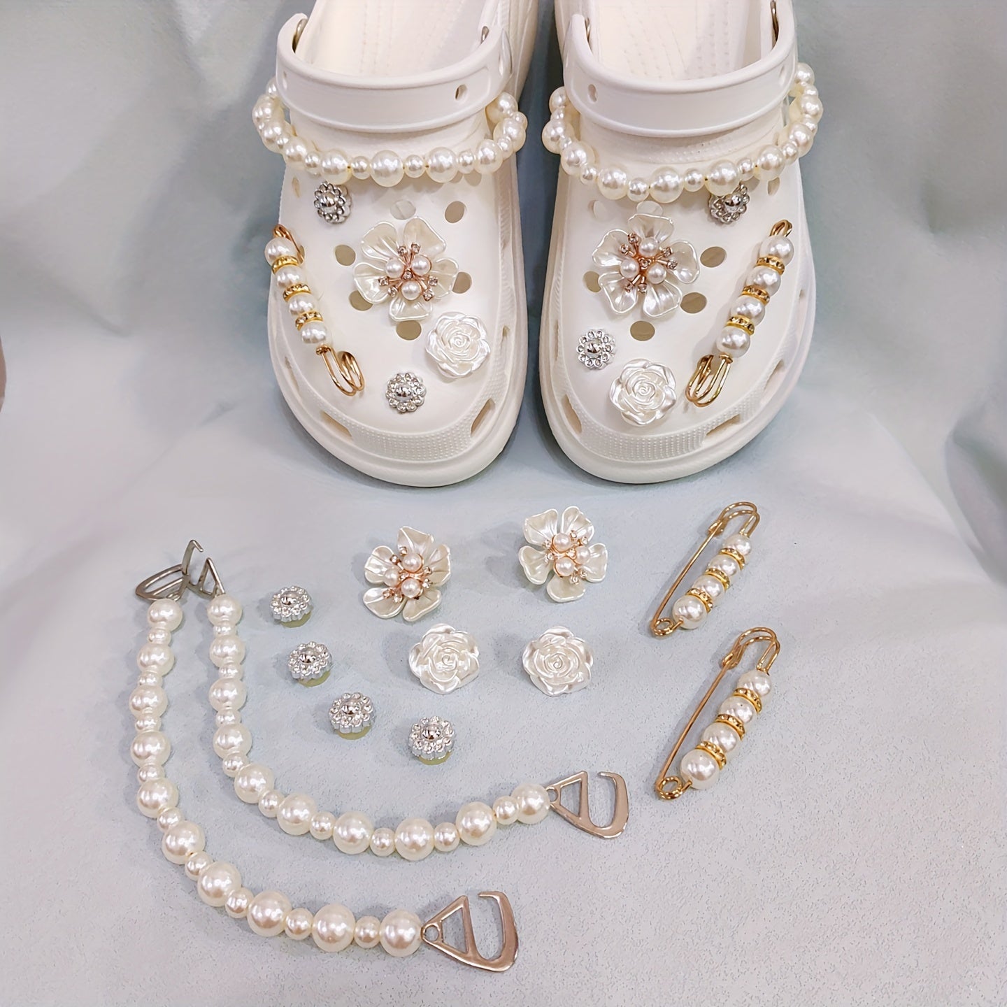 12pcs Hole Shoe Accessories Set, Pearl Chain, Flower Buttons for Crocs