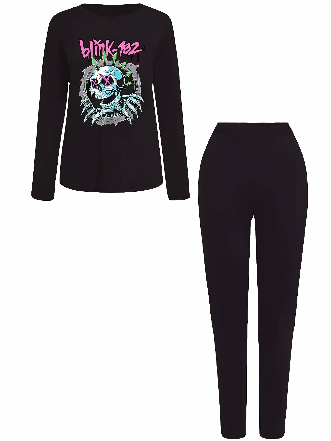 Skull Print 2pc Set Long Sleeve T-shirt & Leggings Outfits Women's