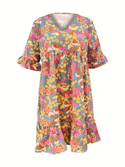 Floral Print Ruffle Trim V Neck Plus Size Boho Dress