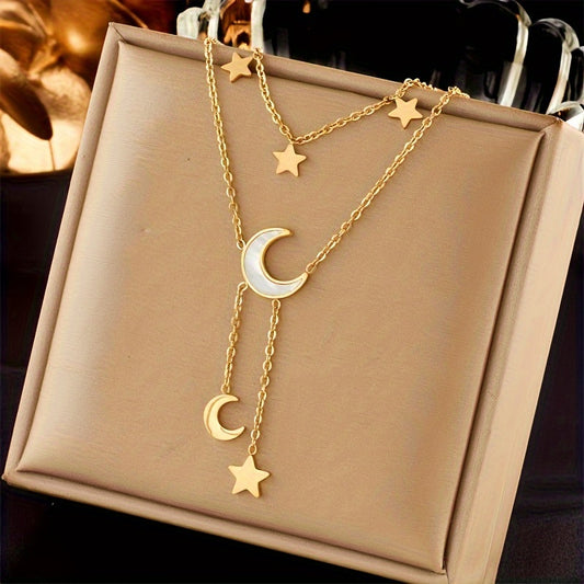 Stainless Steel Star Moon Necklace Fine Chain Resin Moon Pendant