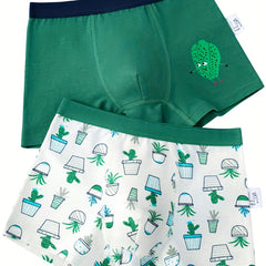 2pcs Boy's Boxer Briefs Cartoon Cactus Print Elastic Waist Shorts