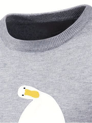 Cartoon Duck Print Men's Casual Warm Crew Neck Pullover Sweater