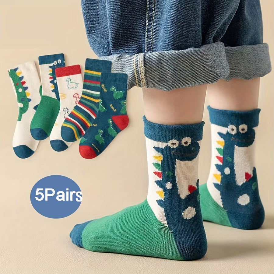 5 Pairs Boy's Dinosaur Cartoon Crew Socks Breathable Comfy Casual Style Unisex