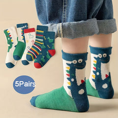 5 Pairs Boy's Dinosaur Cartoon Crew Socks Breathable Comfy Casual Style Unisex