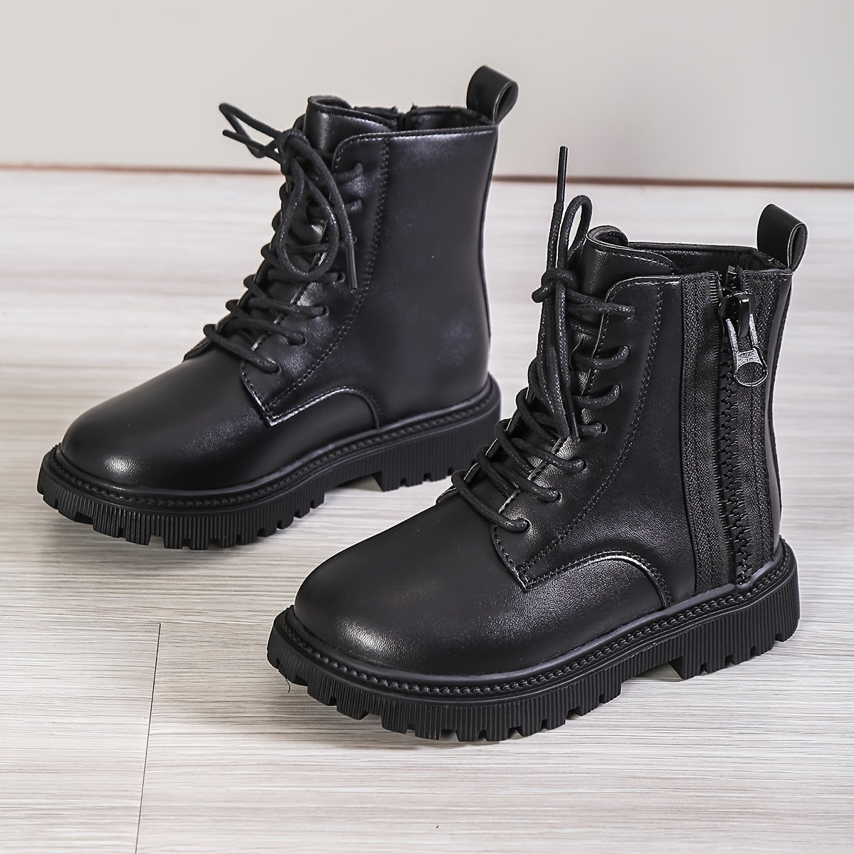 Girls Lace Up Ankle Boots Non Slip Side Zipper Comfortable Kids Shoes