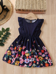 Girls Vibrant Butterflies & Flowers Print Skirt Elastic Waist Dress