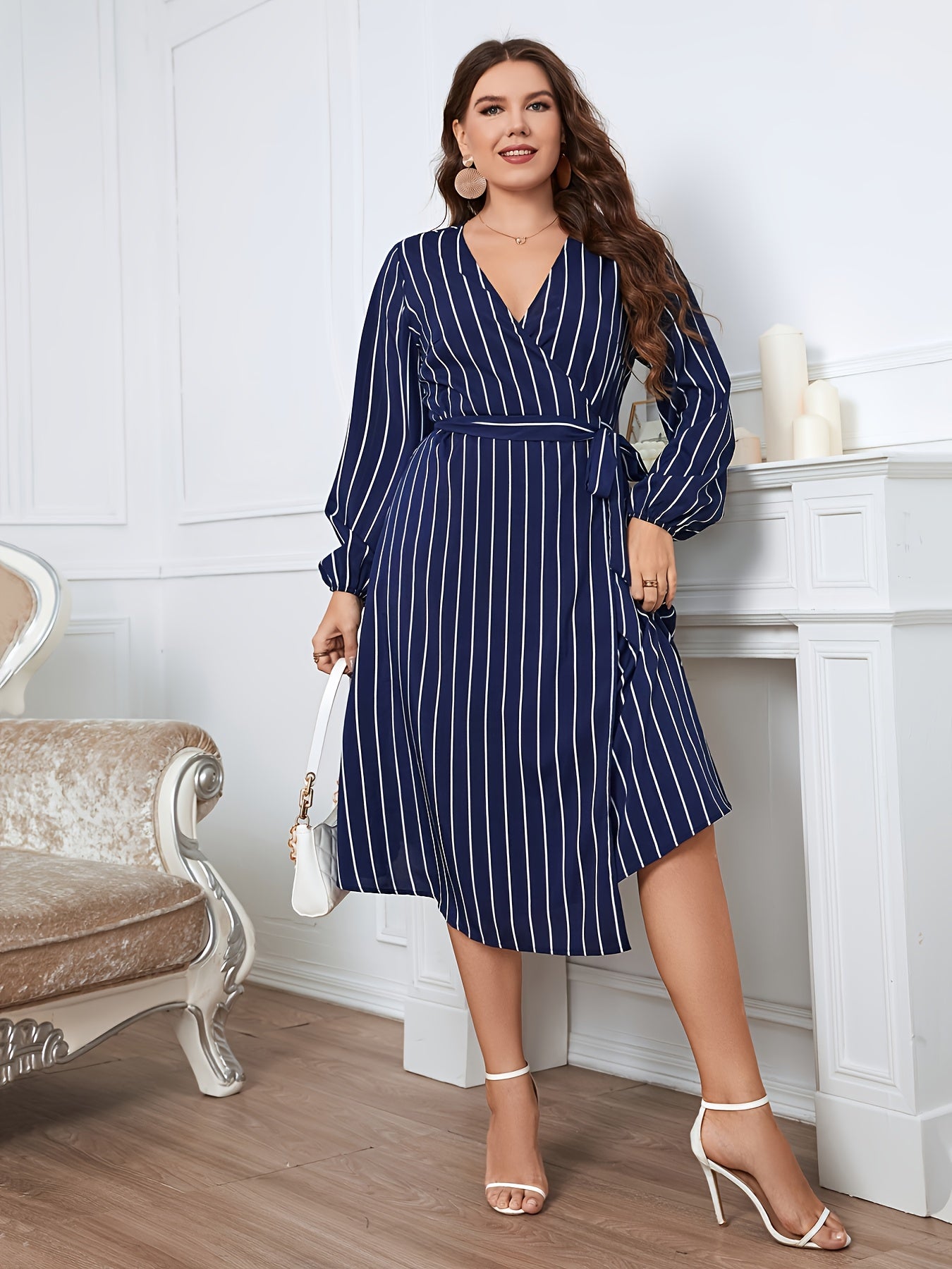 Deep V Neck Striped Midi Wrap Dress with Belt Women's Plus Size