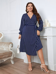 Deep V Neck Striped Midi Wrap Dress with Belt Women's Plus Size