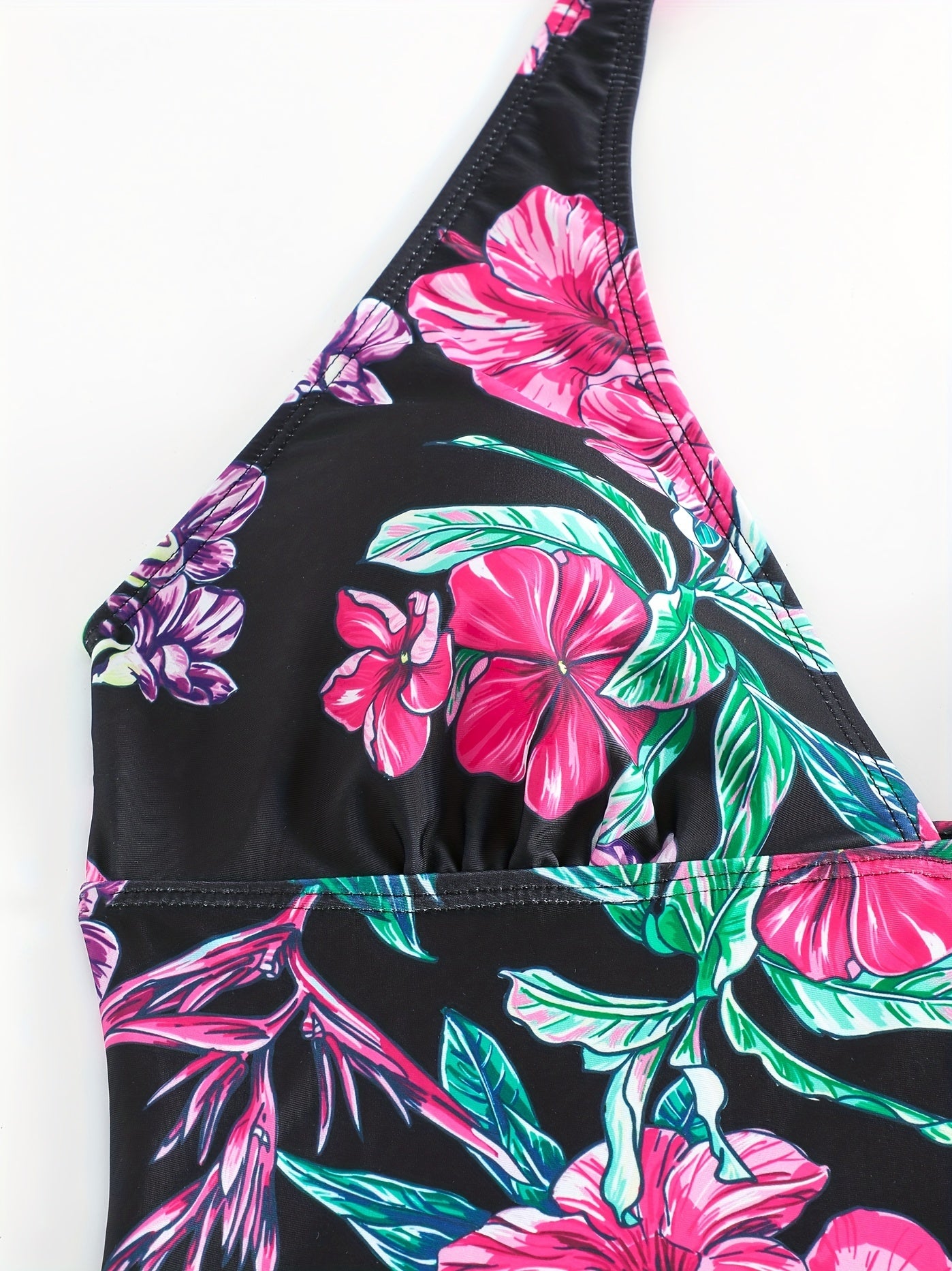 Floral Drawstring Tankini Set Halter V Neck Swimsuit