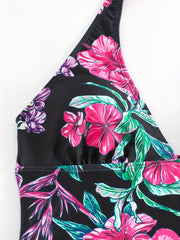 Floral Drawstring Tankini Set Halter V Neck Swimsuit