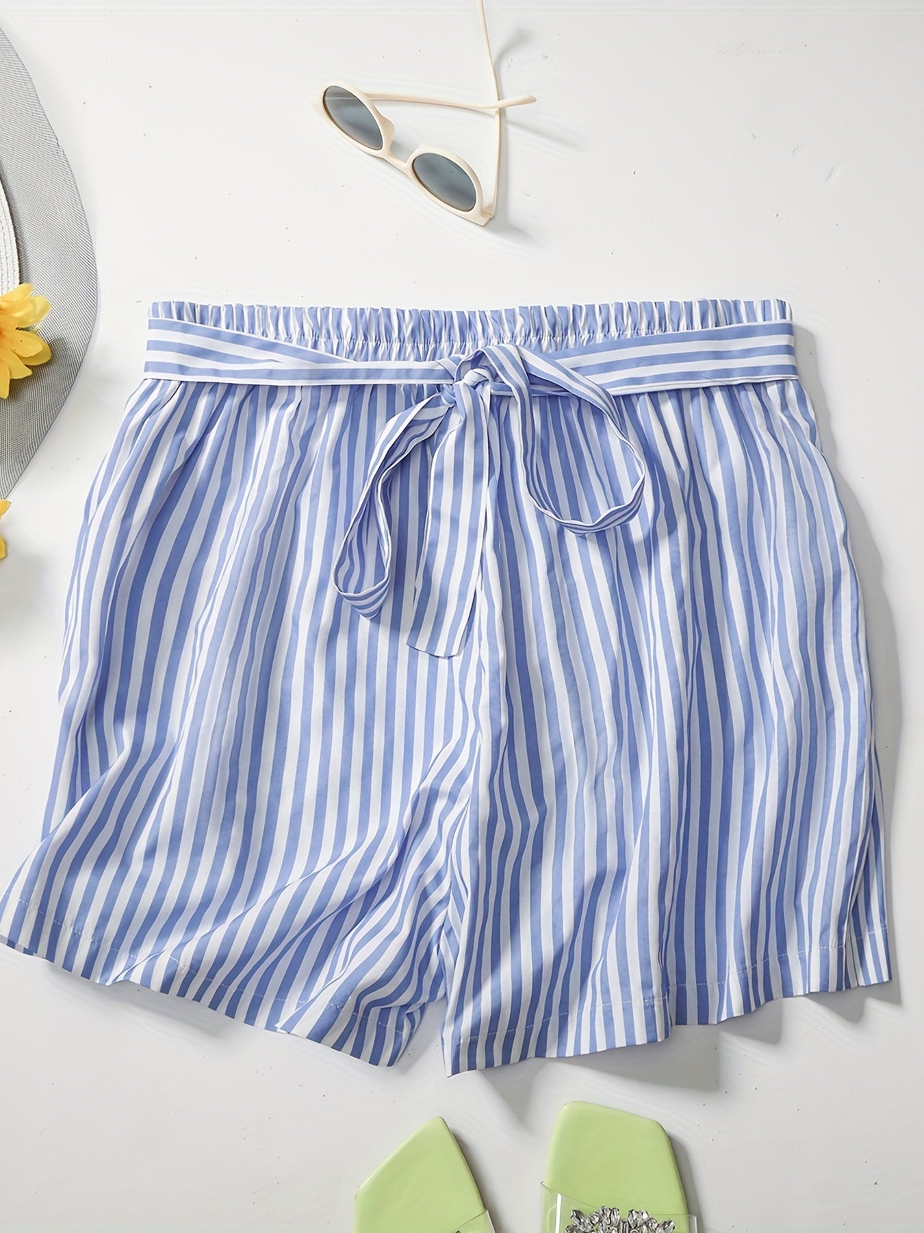Casual Shorts Women's Plus Striped Print Elastic Belted Shorts