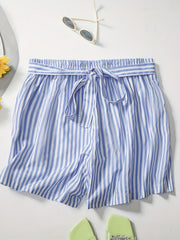 Casual Shorts Women's Plus Striped Print Elastic Belted Shorts
