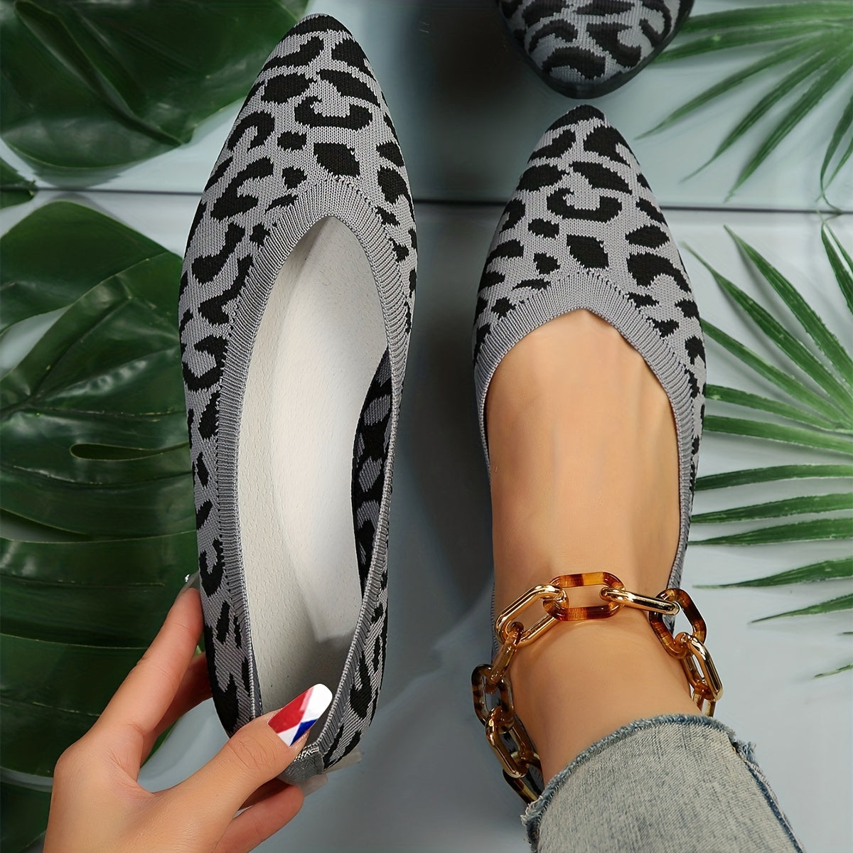 Leopard Print Pointed Toe Ballet Flats Slip On Shoes Soft Sole Comfy Walking