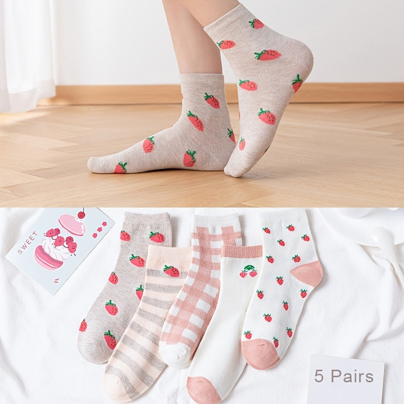5 Pairs Strawberry Print Socks Women's Crew Stockings