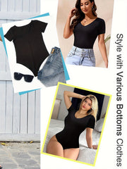 Solid V Neck Yoga Bodysuit Short Sleeve Sports Jumpsuit Women's Activewear