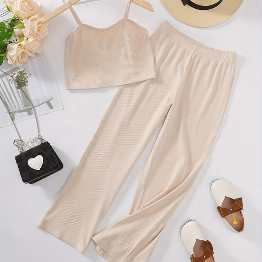 2pcs Toddler Girls Ribbed Knit Cami Crop Top & Elastic Waist Pants Set