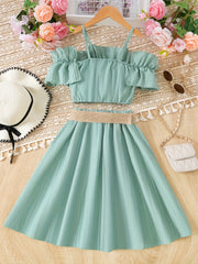 Girl's Off Shoulder Ruffle Camisole & Flared Skirt Set - Summer Outfits