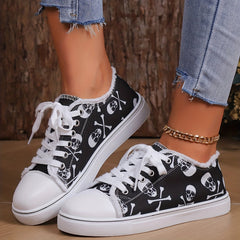 Women's Skull Print Canvas Shoes Low Top Lace Up Round Toe Sneakers