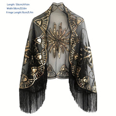 Vintage Sequin Beaded Tassel Shawl 1920s Large Cape Flapper Shawls