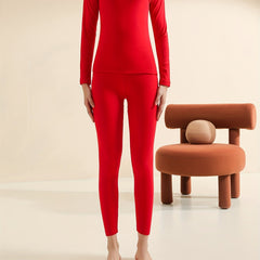 Solid Thermal Underwear Set Crew Neck Tops & Pants Women's Loungewear