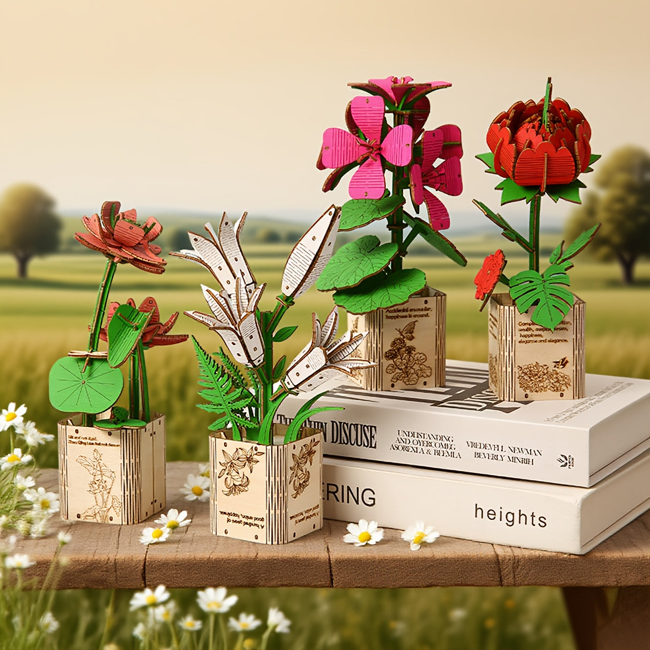 3D Wooden Peony Flower Puzzle Educational Toy with Artificial Flowers