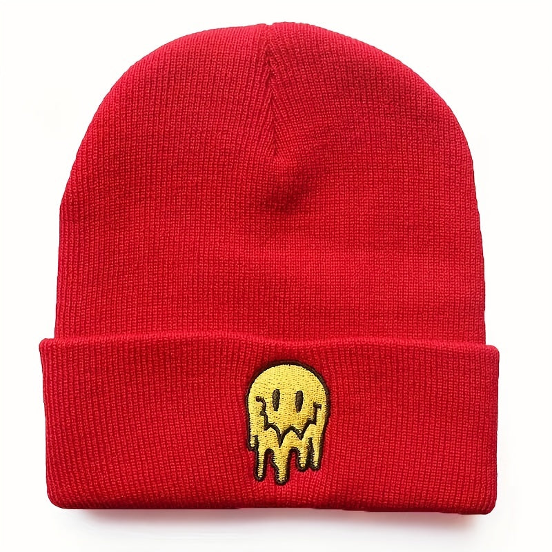 Ear Protection Knit Beanie Hat With Melting Smiley Face Embroidery