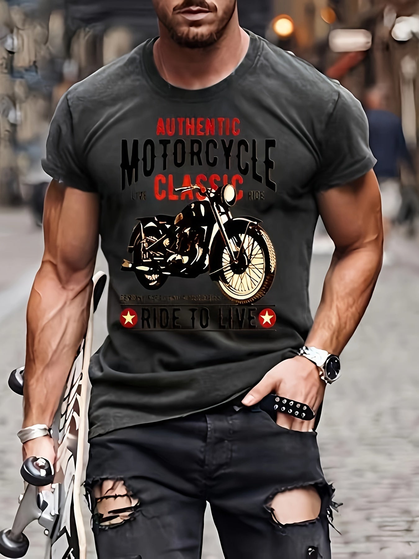 Men's Motorcycle Print T shirt Casual Street Style Tee Shirt