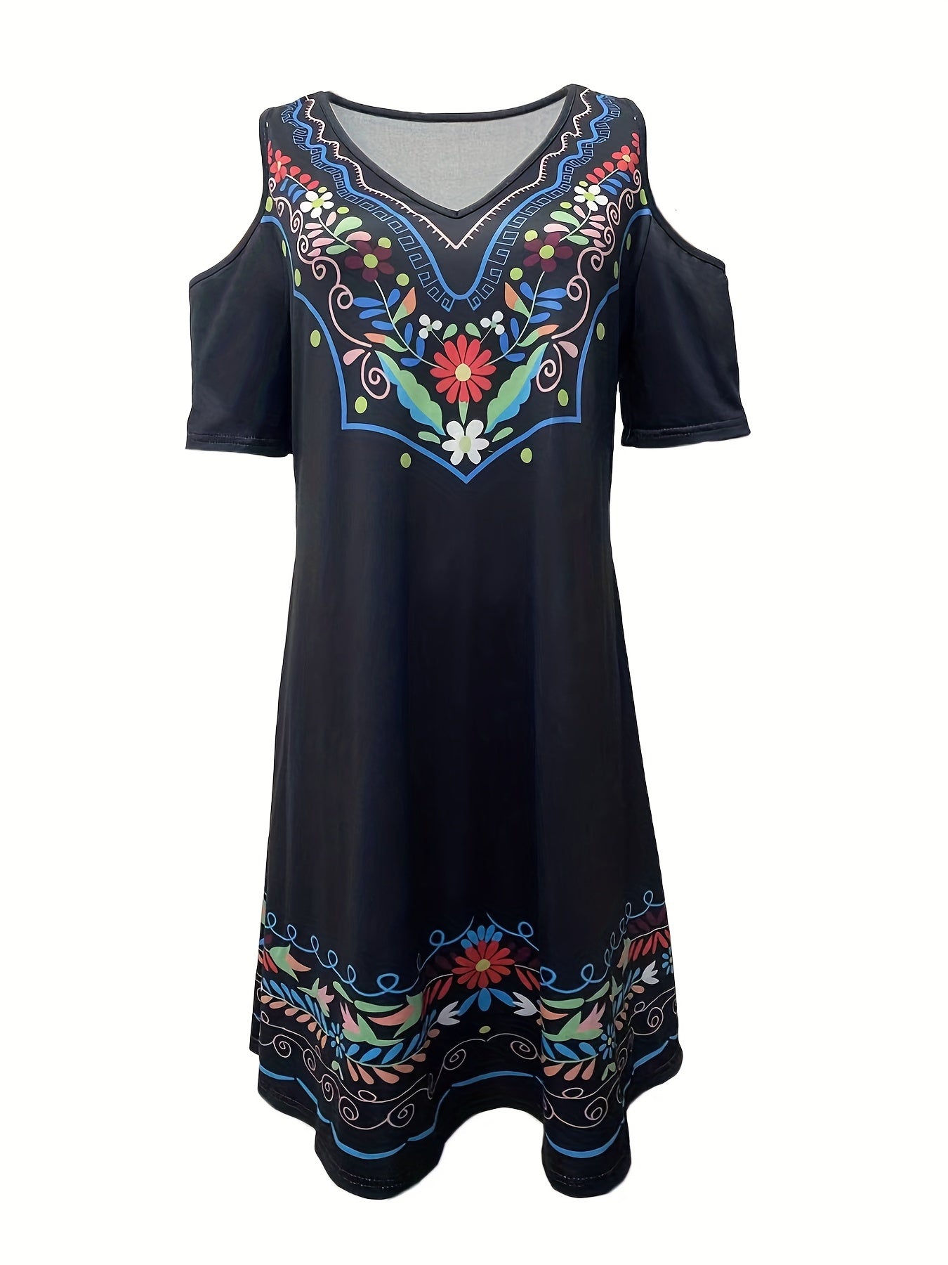 Ethnic Floral Print Dress Vintage Cold Shoulder V Neck Dress