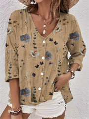 Floral Print Button Up V Neck Top Plus Size