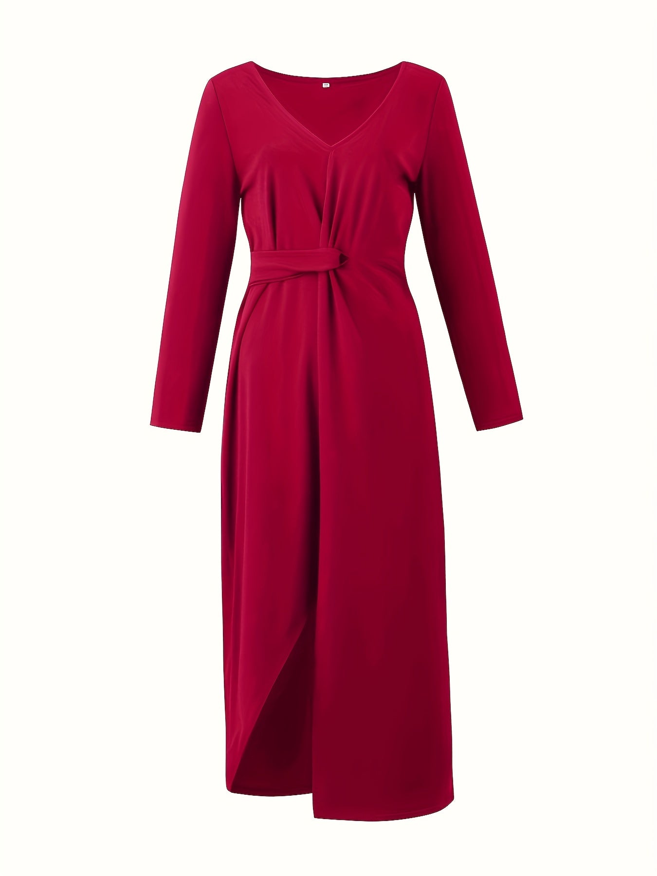Solid Dress Casual Twist Front V Neck Long Sleeve Midi Dress