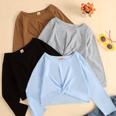 4pcs Girls Casual Knot Front Crew Neck Sweatshirts for Autumn Spring
