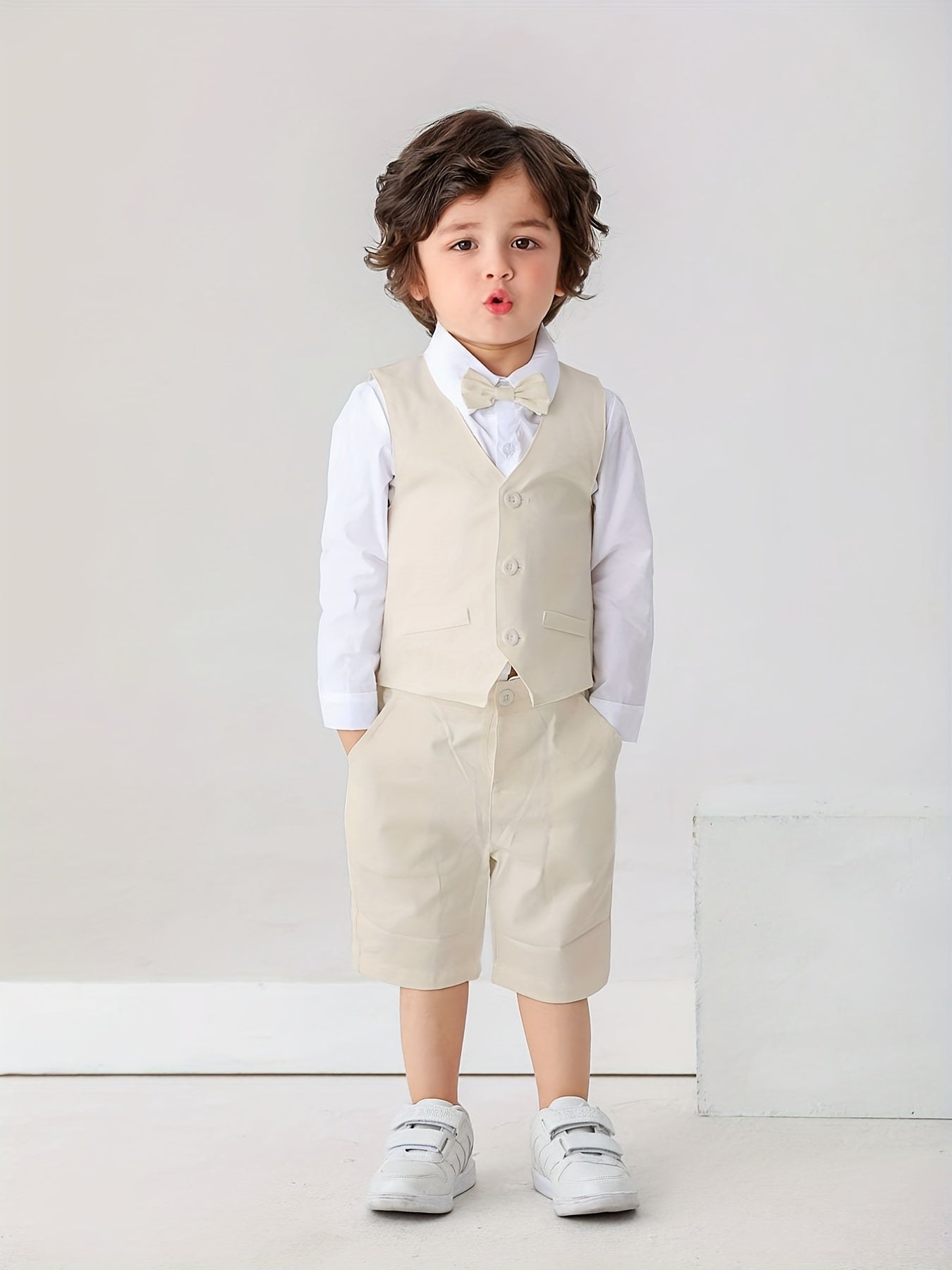 Baby Toddler Gentleman Suits Dress Shirt with Bow and Vest and Shorts