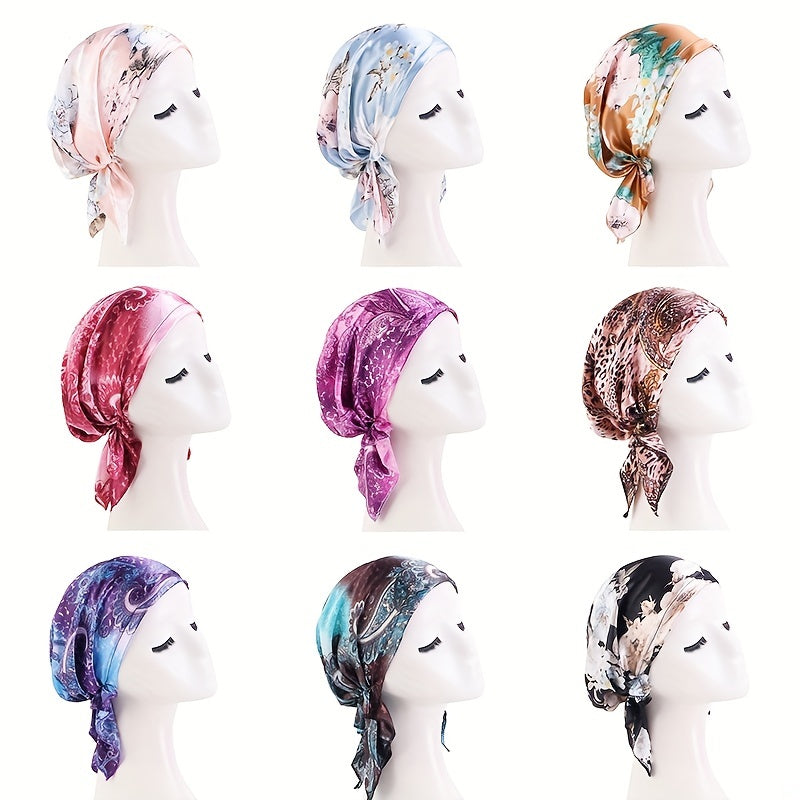Flower Print Satin Turban Cap for Women Elastic Headwrap Hijab Headband