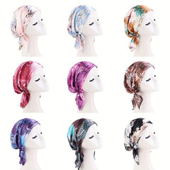 Flower Print Satin Turban Cap for Women Elastic Headwrap Hijab Headband