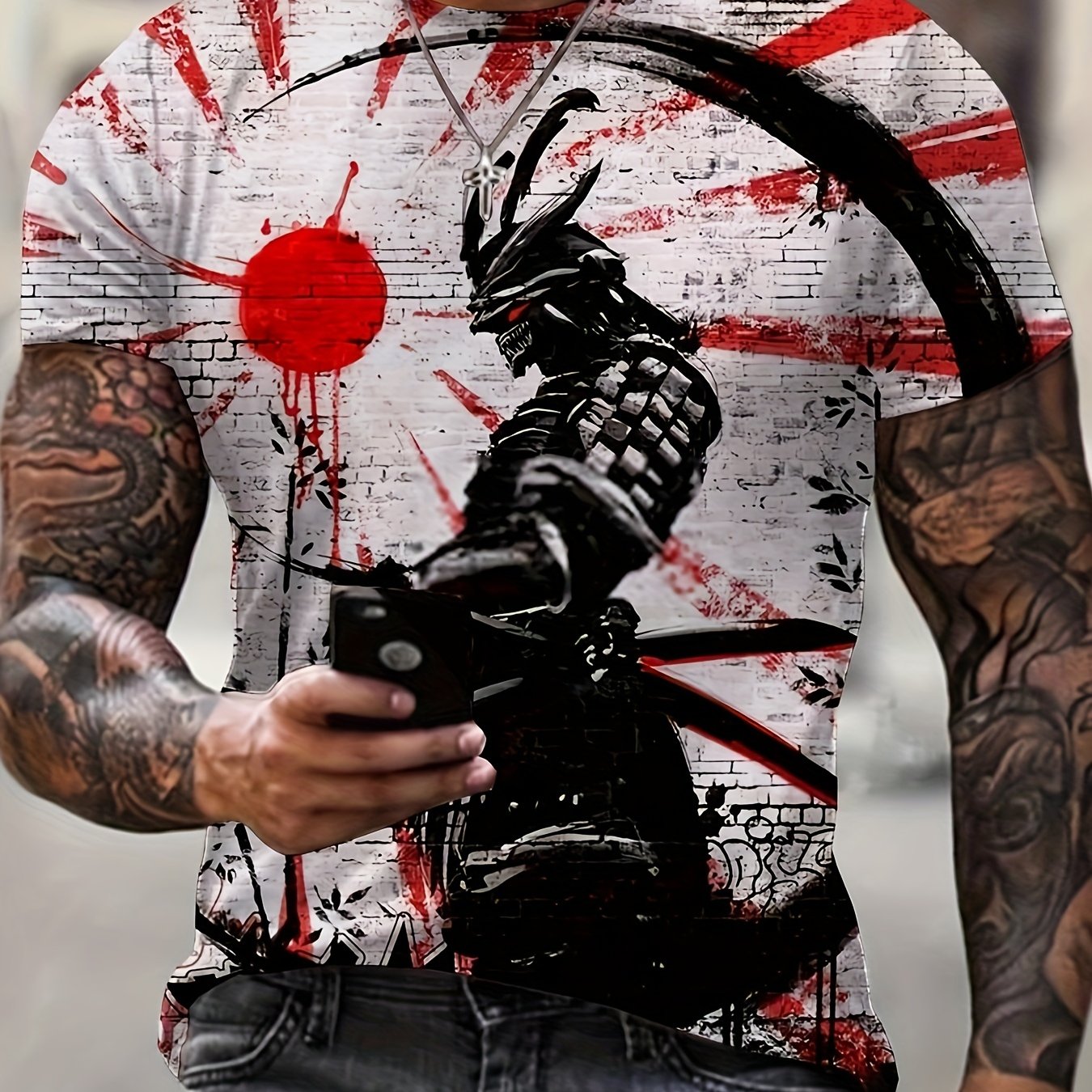 Warrior Pattern Tee Shirt Men's Casual Street Style Round Neck