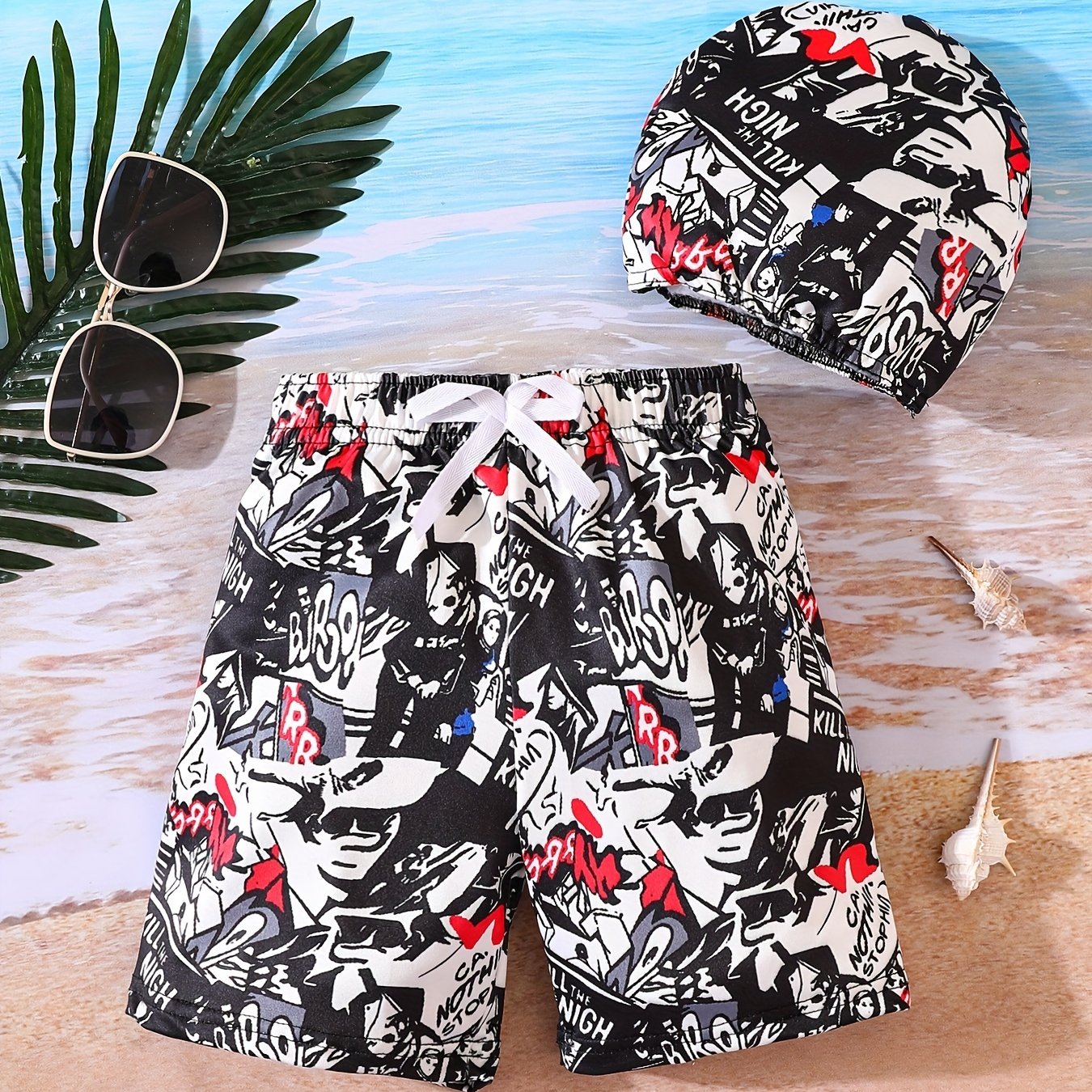 Boys Swim Trunks & Swim Hat Comic Print Elastic Waist Beach Pants