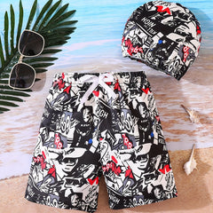 Boys Swim Trunks & Swim Hat Comic Print Elastic Waist Beach Pants
