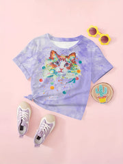 Tie Dye Cat Graphic Short Sleeve T shirt For Girls