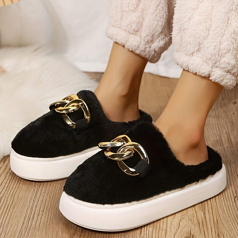 Women's Chain Platform Slippers Plush Lined Shoes