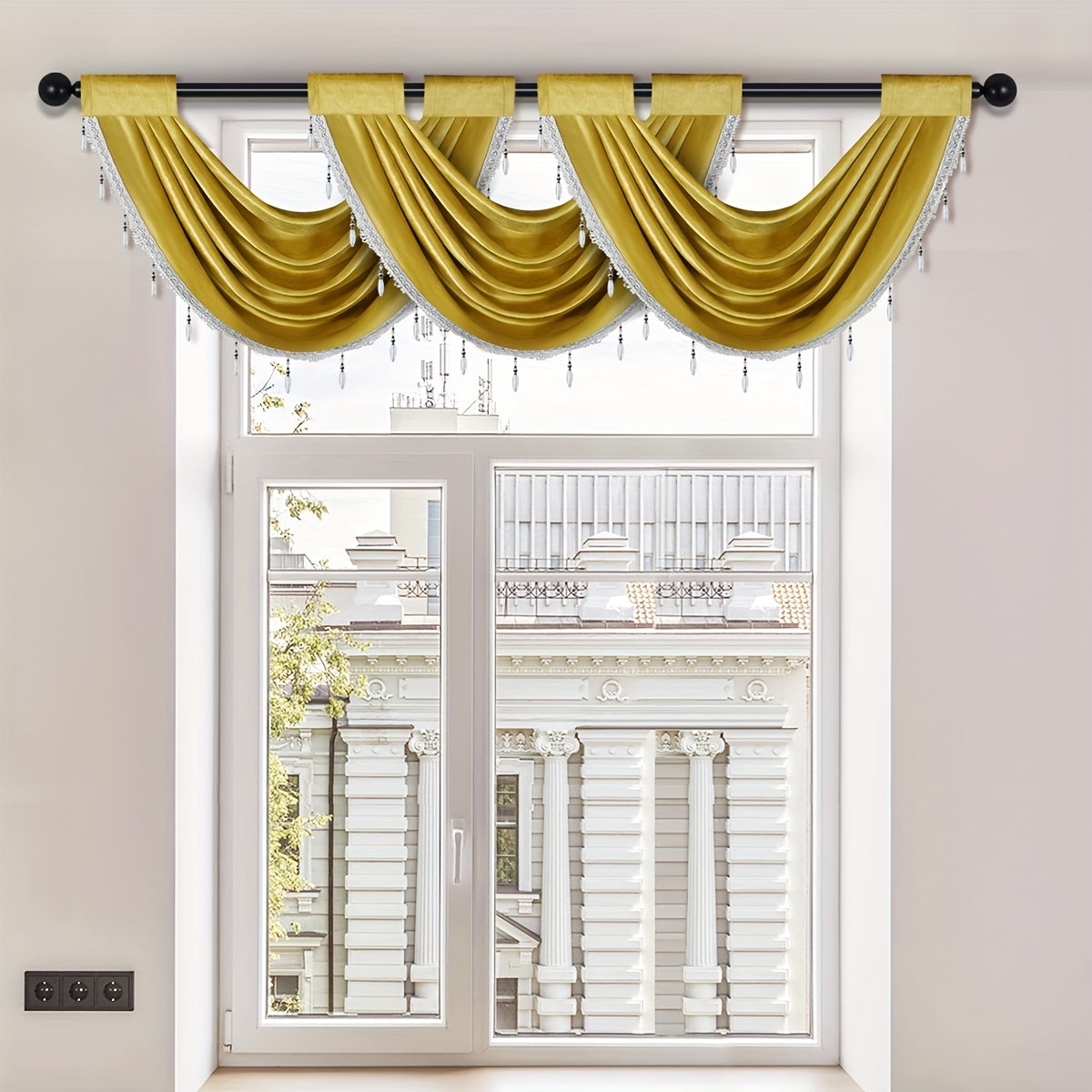 European Style Fleece Window Mantle with Tassel Bead Edge 30x24 Inches