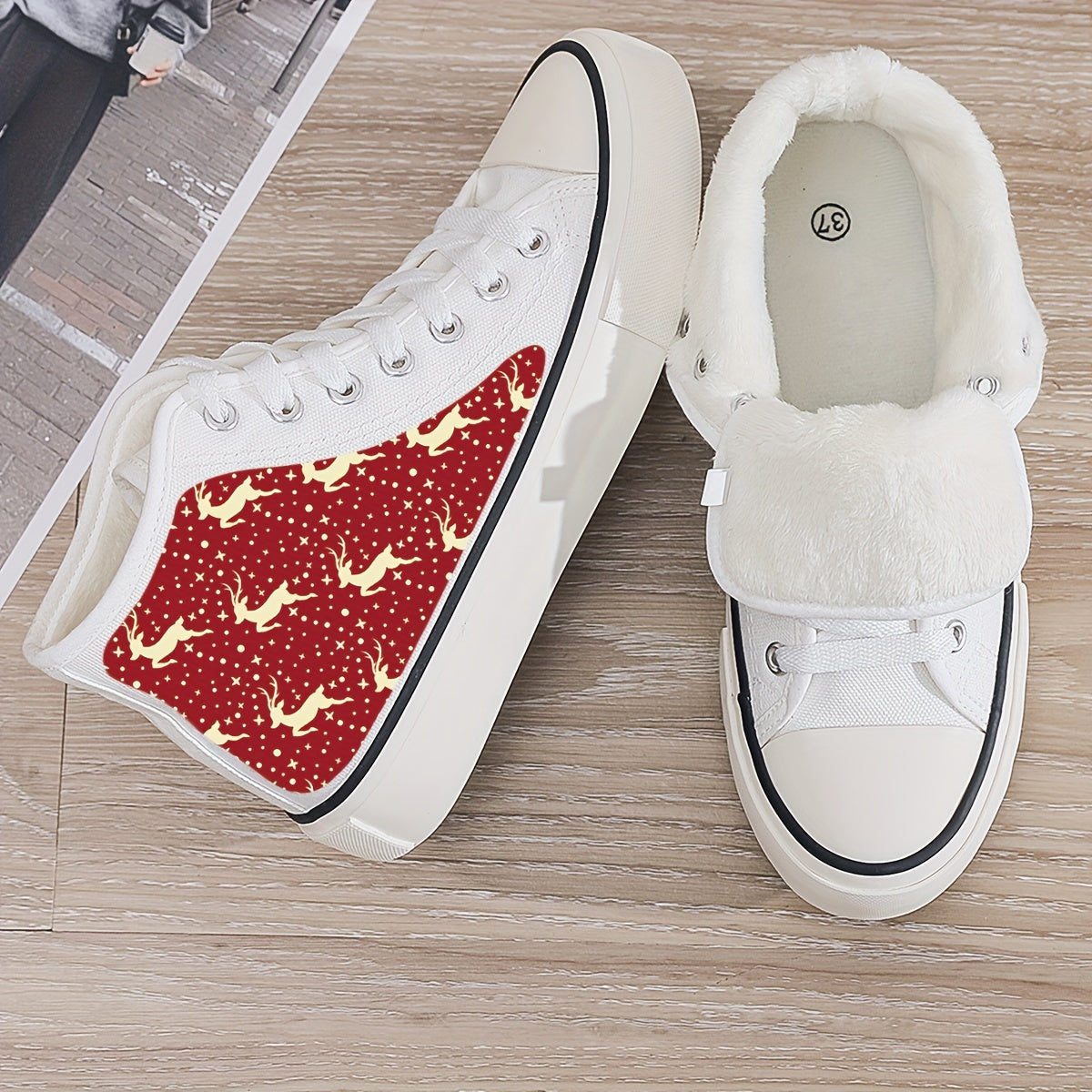 Christmas Reindeer Plush Lined Thermal Canvas Sneakers