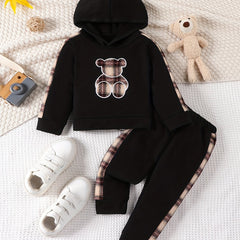 2pcs Baby Bear Plaid Patched Embroidered Hoodie Trousers Set