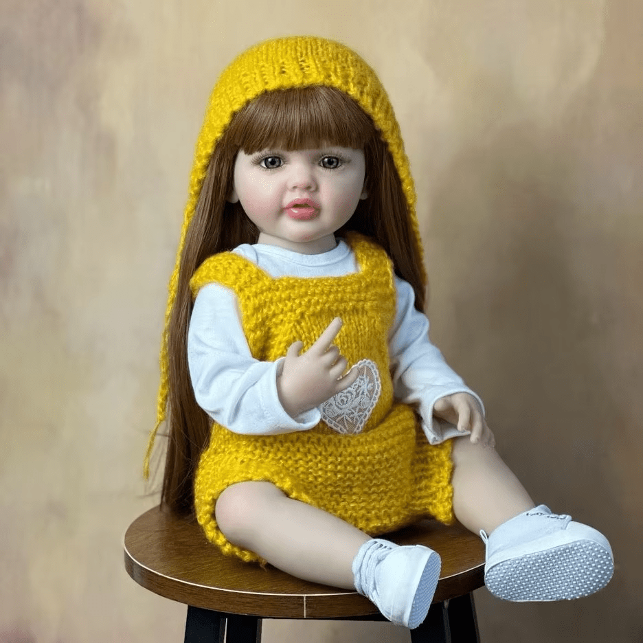 22in Lifelike Reborn Doll Girl Long Hair Yellow Hoodie Lace Heart Patch