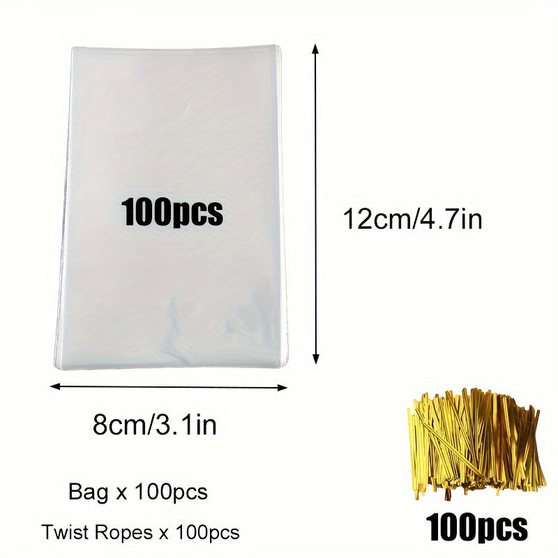 200pcs Clear Cellophane Bags with Twist Ropes for Gift Candy Dessert Bakery