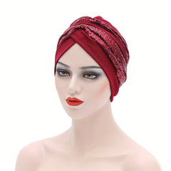 Sequin Turban Cap Solid Head Wrap Elastic Bonnet Beanie Chemo Hats