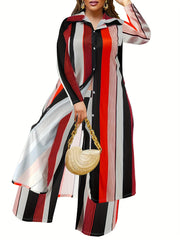 Women's Plus Striped Shirt Dress & Wide Leg Pants Set