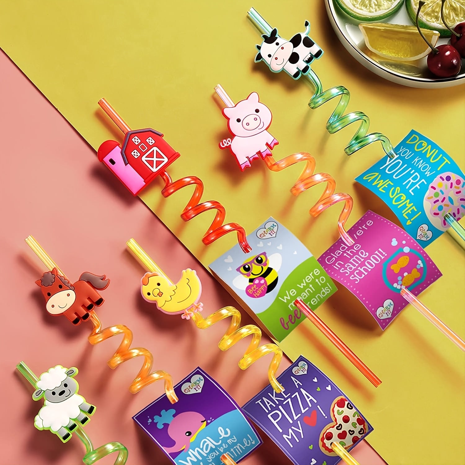 24pcs Farm Animal Plastic Straws & 2 Cleaning Brushes